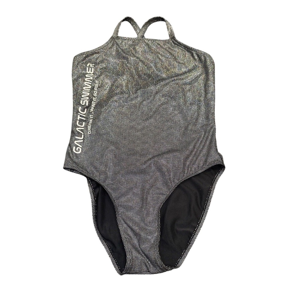 Galactic Swimmer Silver‎ Holographic One Piece Swimsuit Kids  Cutout Back